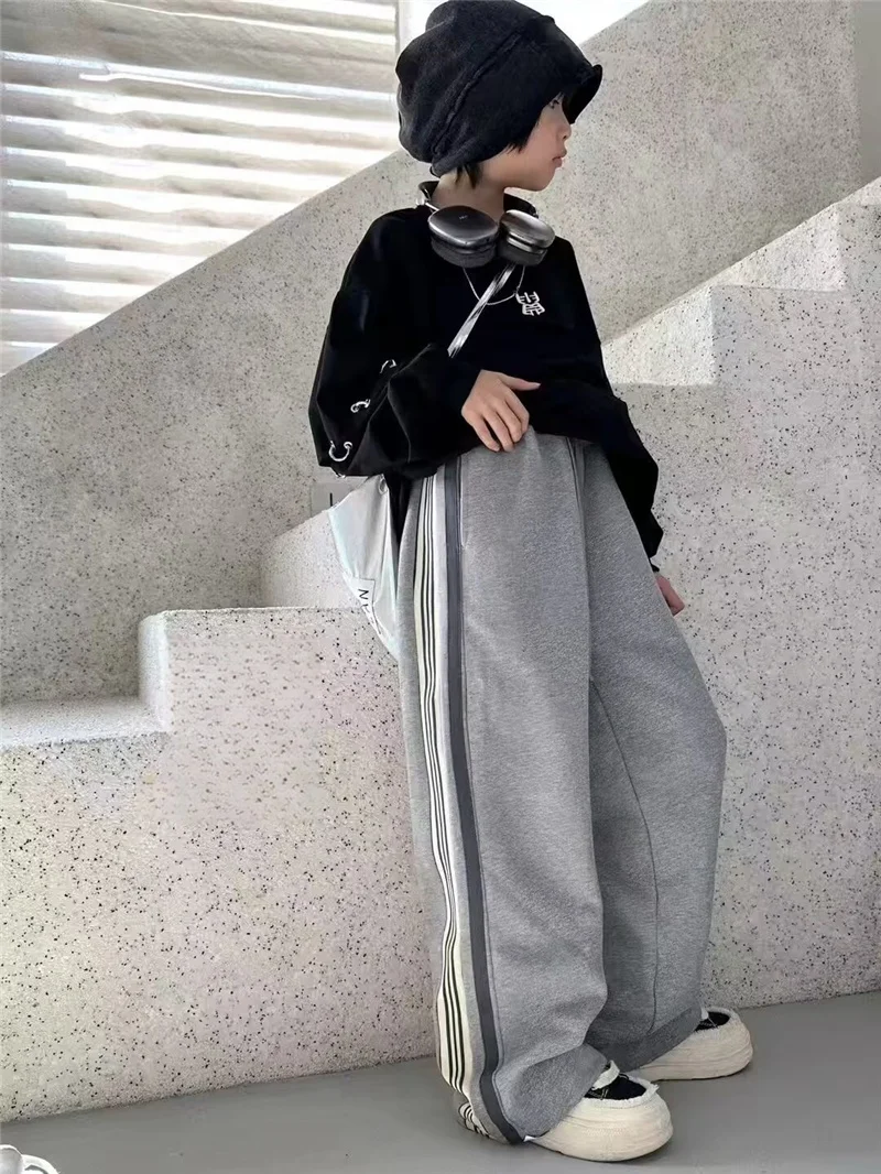 Boys Wide Leg Pants Spring Kids Sport Casual Straight Trousers Autumn Street Dance Pants Teen Dull Drawstring Sweatpants 5-14Y