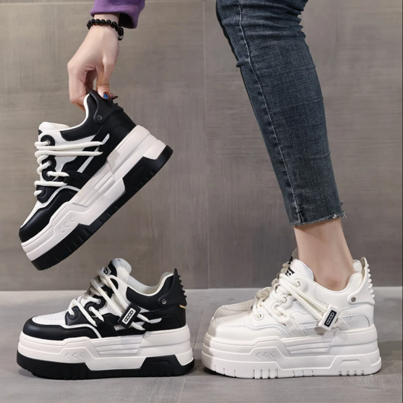 Fujin 8.5cm Cow Genuine Leather Women Ins Skate Boarding High Brand Heels Vulcanized Shoes Platform Wedge Casual Stable Shoes