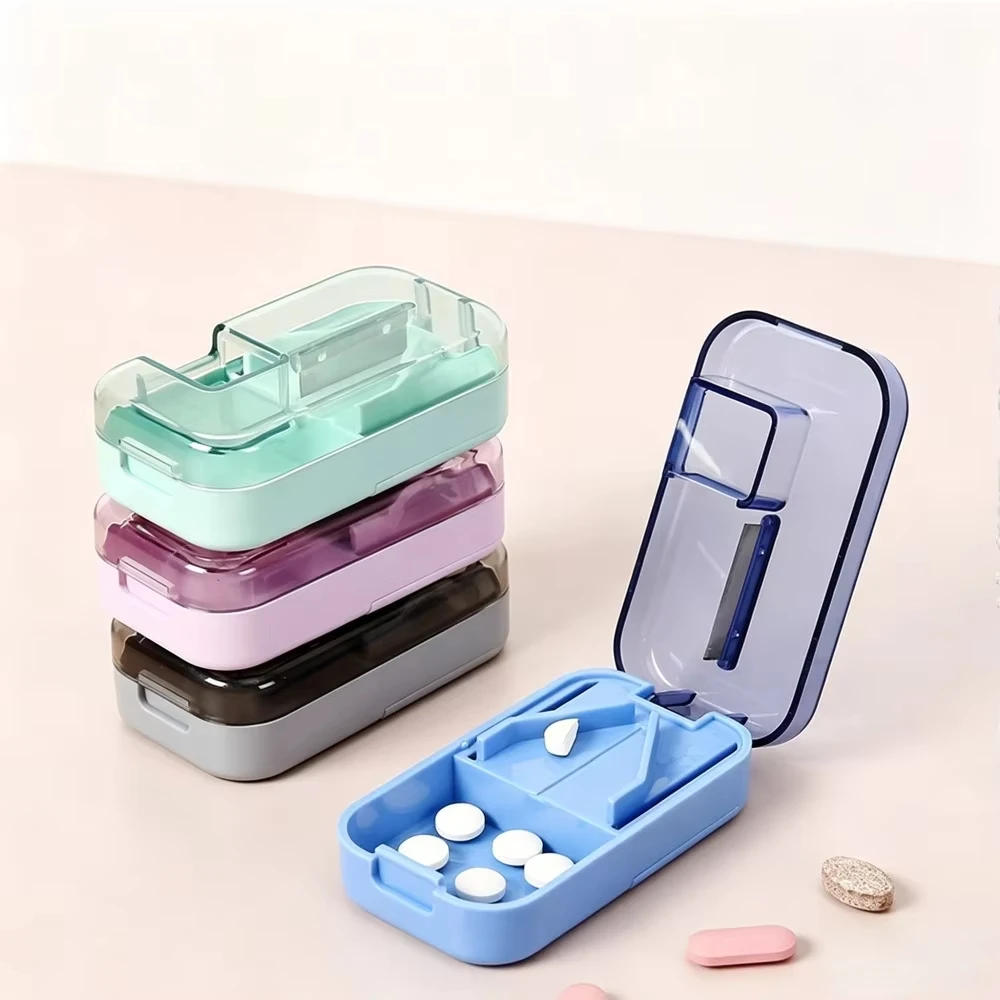 Cortador de Comprimidos 2 em 1 Compacto, Ferramenta de Corte Livre de BPA, Caixa Portátil para Remédios, Suplementos, Vitaminas e Óleo de Fígado de Ba