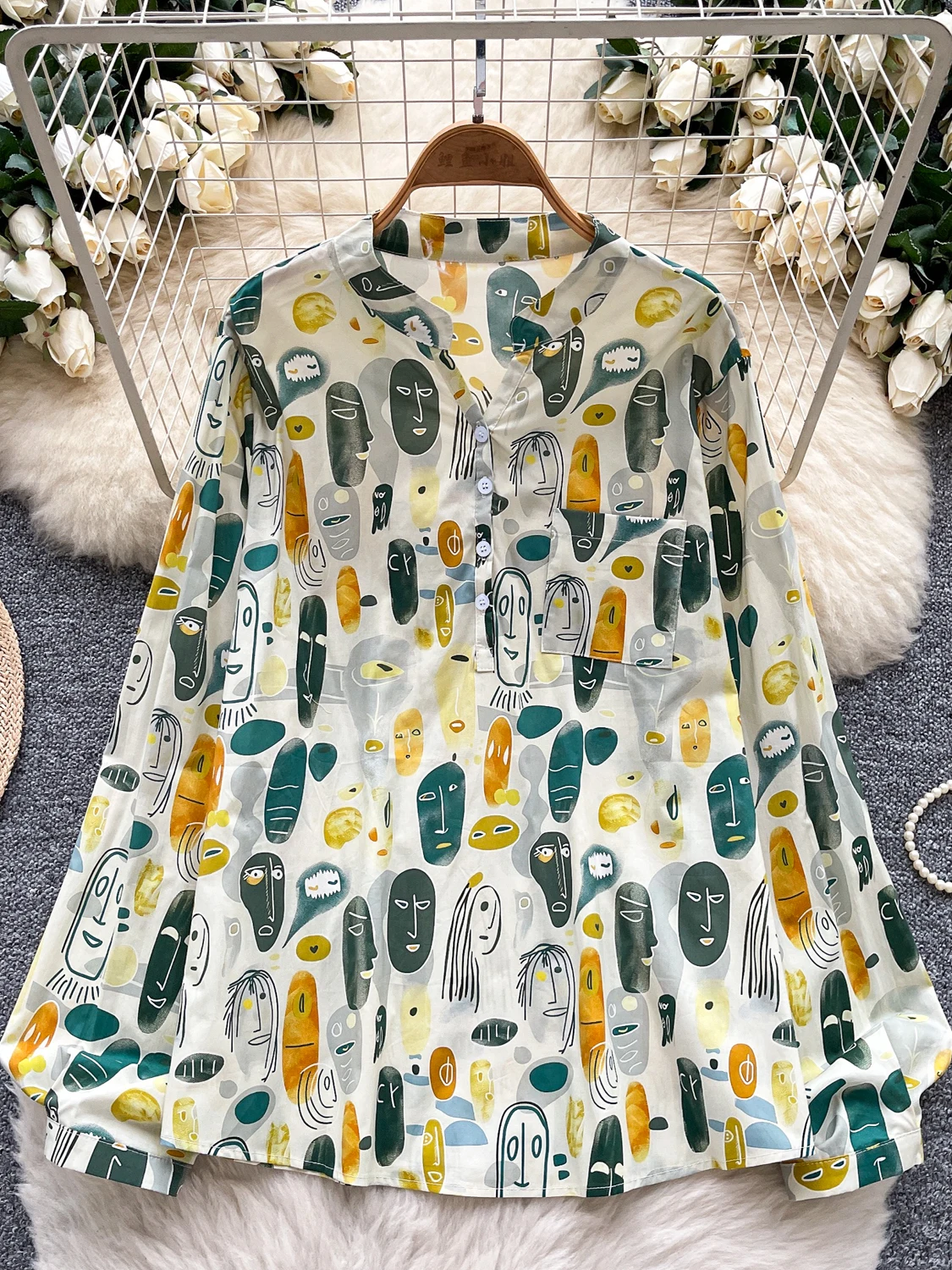 Retro Gedruckt Laterne Sve irt Frauen Lose Fleisch Verbergen Sanfte Aosphäre Schöne Personali Top Koreanische Sle Pendeln