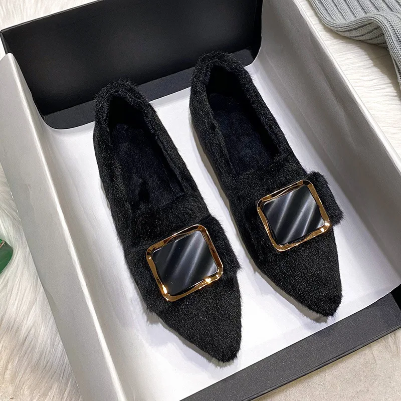 

Женские туфли на плоской подошве с волосатой подошвой, новинка 2024, зимняя бархатная женская обувь с острым носком на плоской подошве из норки, женская обувь, большие размеры 41 42 43