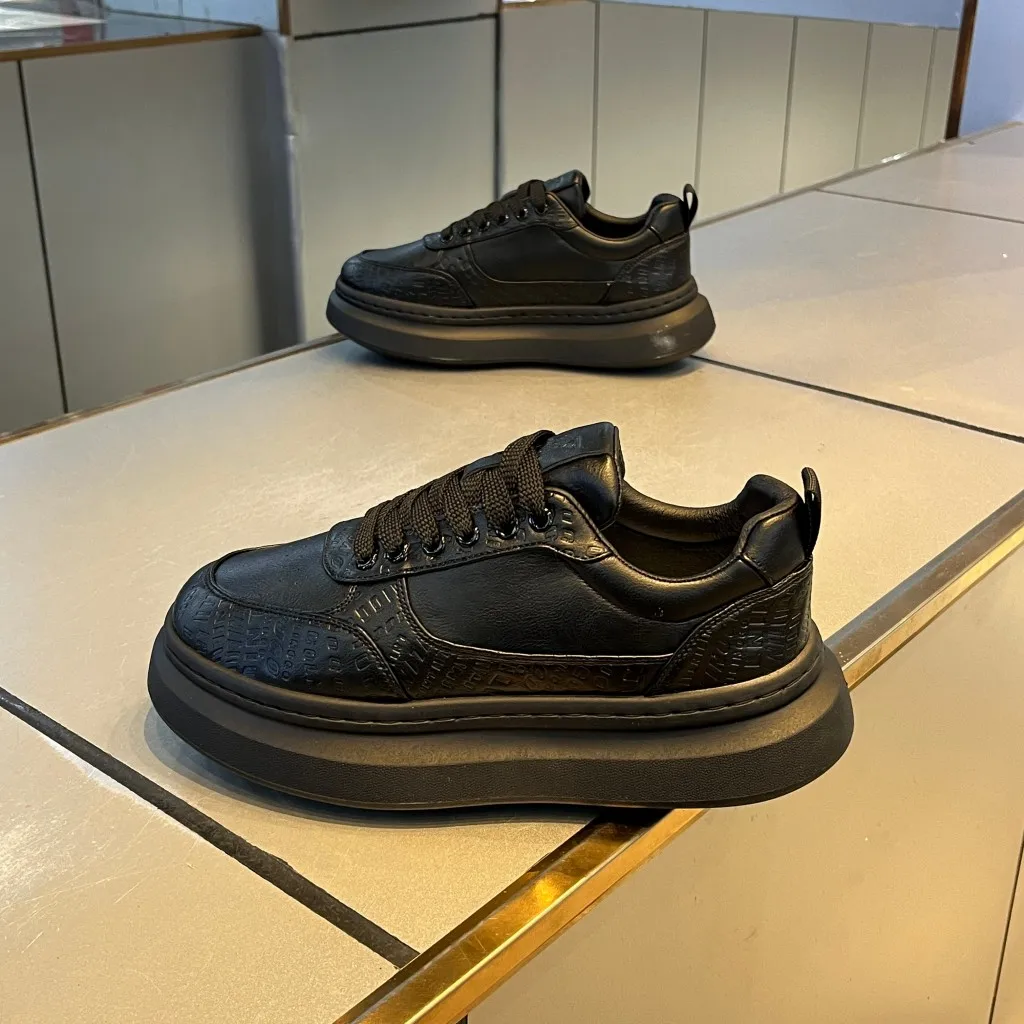Men's Casual Sport Shoes Leather Upper Four Seasons Thick Bottom Heightening Fashionable All-Match Low Top Slip-On Loafers