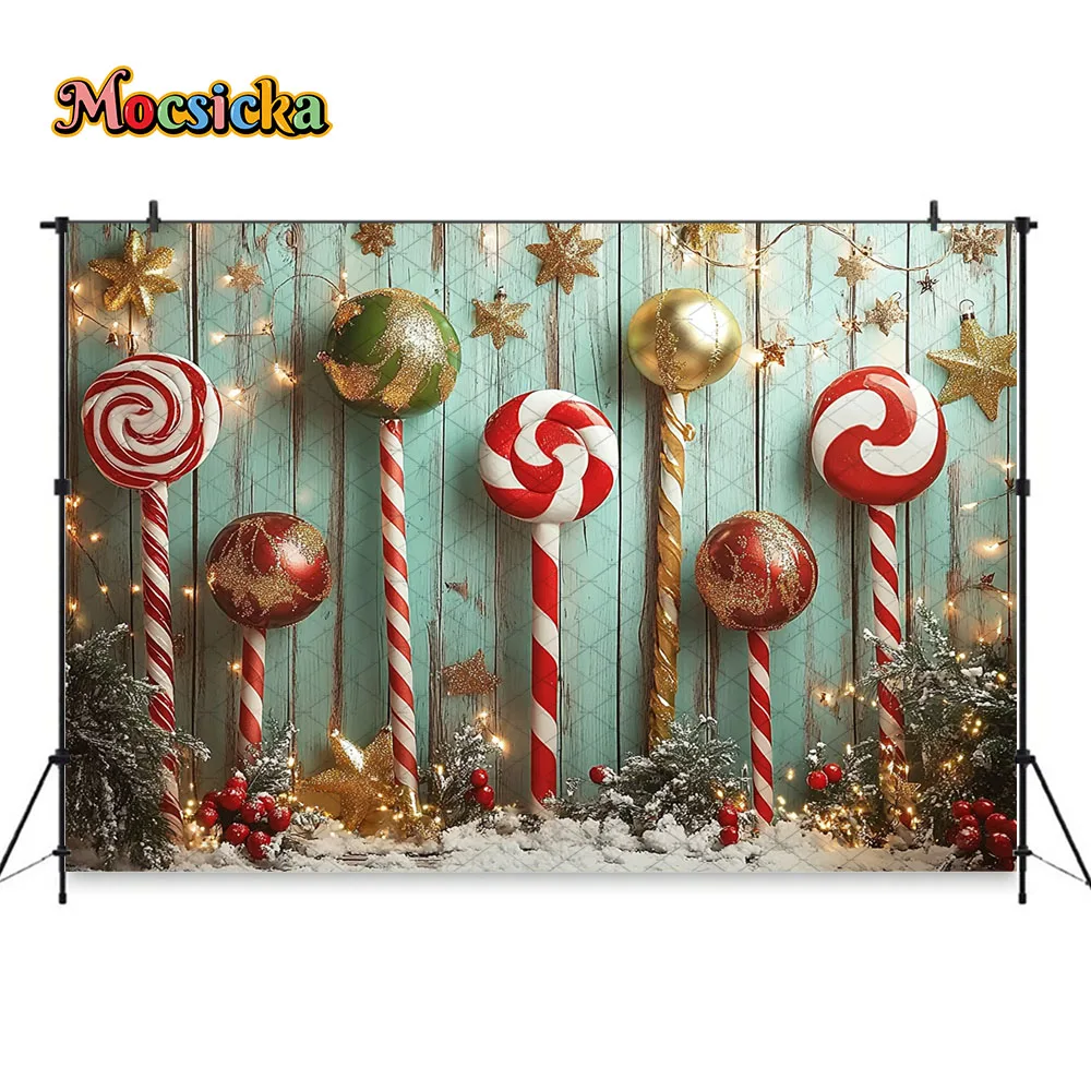 Mocsicka الأحمر عيد الميلاد قصب الحلوى خلفية التصوير الفوتوغرافي شجرة عيد الميلاد الهدايا جدار خشبي خلفية الشتاء الاطفال عيد ميلاد استوديو الصور