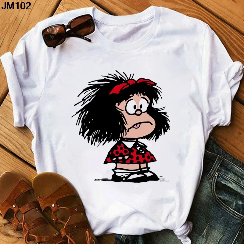 Mafalda Print Tshirt Women Summer Harajuku Casual Short Sleeve T-shirt Streetwear O-Neck White Tops Tee 90s Cartoon Lady T Shirt