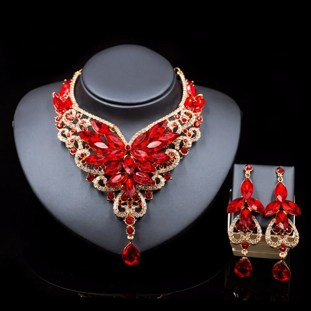 Fashion crystal-jewelry kolye vintage crystal jewelry Flower Statement Necklace earings For Women nigerian wedding african