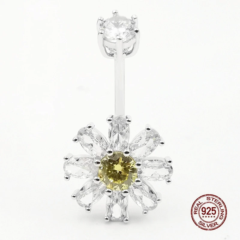 Daisy Flower Zircon Navel Piercing for Girls 925 Sterling Silver Belly Buttton Rings Luxury Crystal Belly Piercing Ring