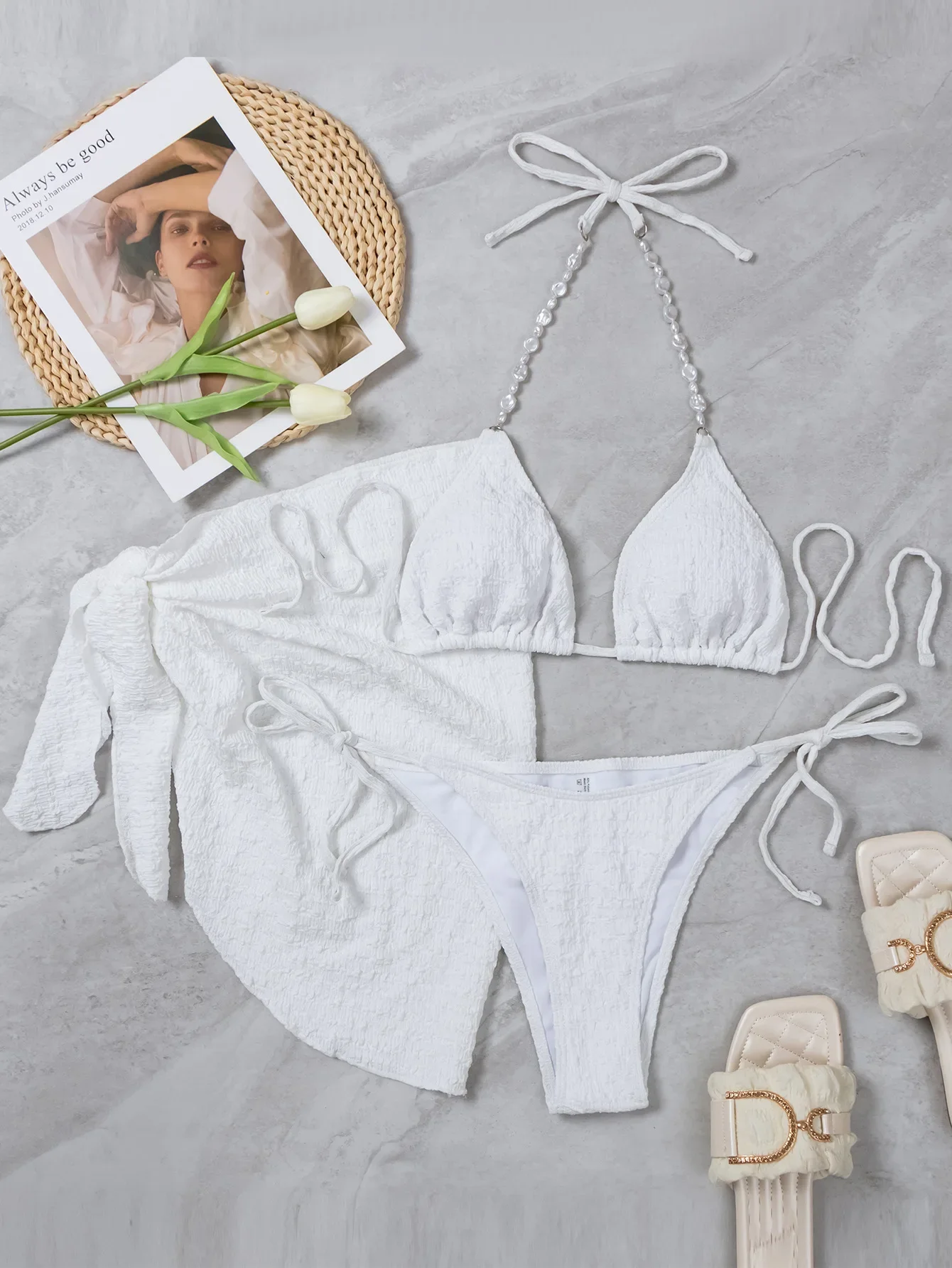 섹시한 늑골이있는 진주 체인 홀터넥 비키니 세트 3pcs 커버 스커트 솔리드 수영복 수영복 비치 의상 biquini Tankini