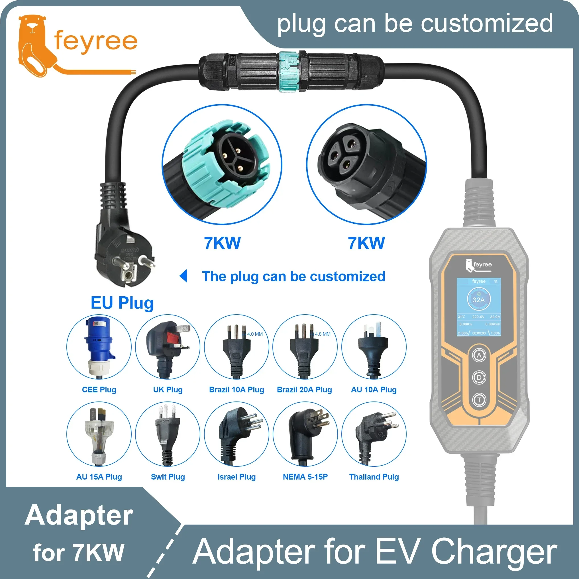 feyree 7kw Electric Vehicle Charging Adapter To EU AU Brazil Male Adapter EV Charger Connector Customized plug for Electric Car