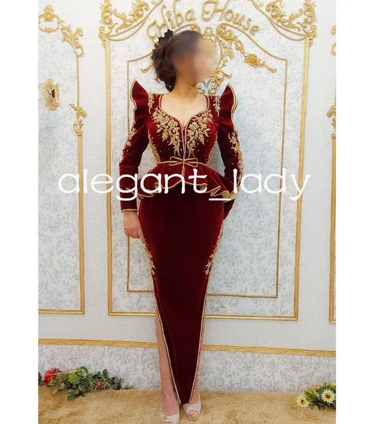 Burgundy Velvet Peplum Mermaid Prom Dresses High Slit Long Sleeve Gold Embroidery Lace Evening Gown Karakou Algerois