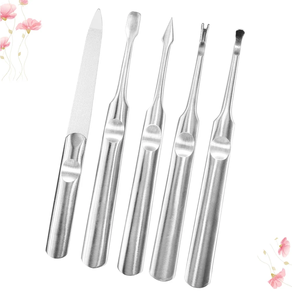 Conjunto de manicure de aço inoxidável, 5 peças, arquivo de unhas ergonômico para remoção de pele morta, limpador de cutícula, kit de ferramentas polidor, suprimentos para arte em unhas