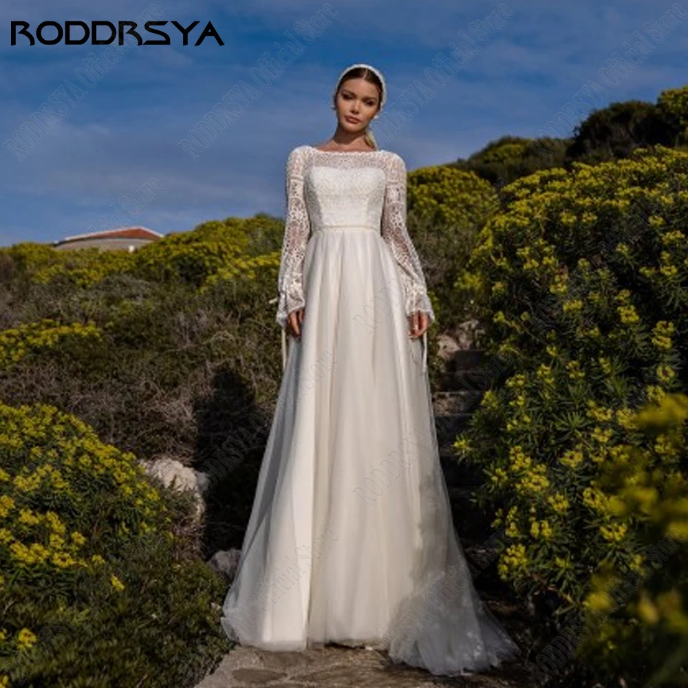 RODRSYA Abiti da sposa classici per la donna maniche lunghe Scoop abiti da sposa elegRODDRSYA abiti da sposa classici per donna maniche lunghe Scoop abiti da sposa elegante a-line Tulle pizzo Applique vestidos de novia