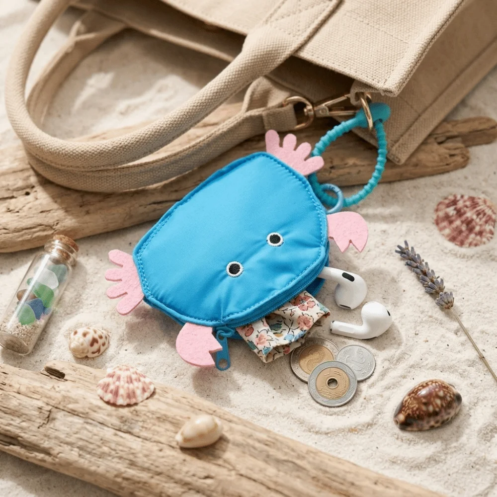 Soft Plush Material Crab Shaped Storage Pouch Compact Mini Size Zipper Pouch Small Bag Charm Keychain Playful Appearance