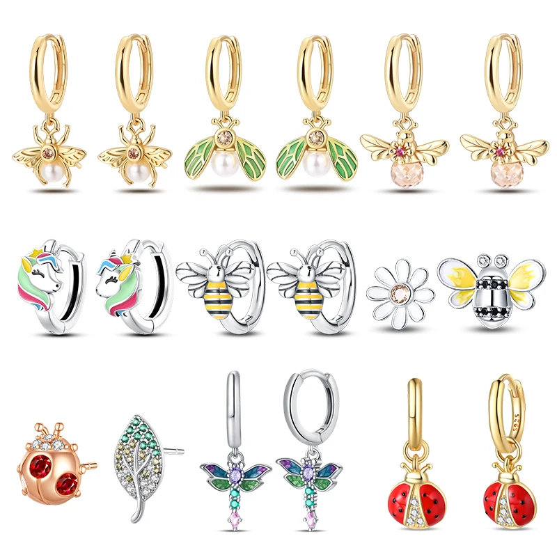 Spring Earrings Women 925 Silver Original Pendant Double Ring Butterfly Insect Animal Earrings Party Jewelry Birthday Gift