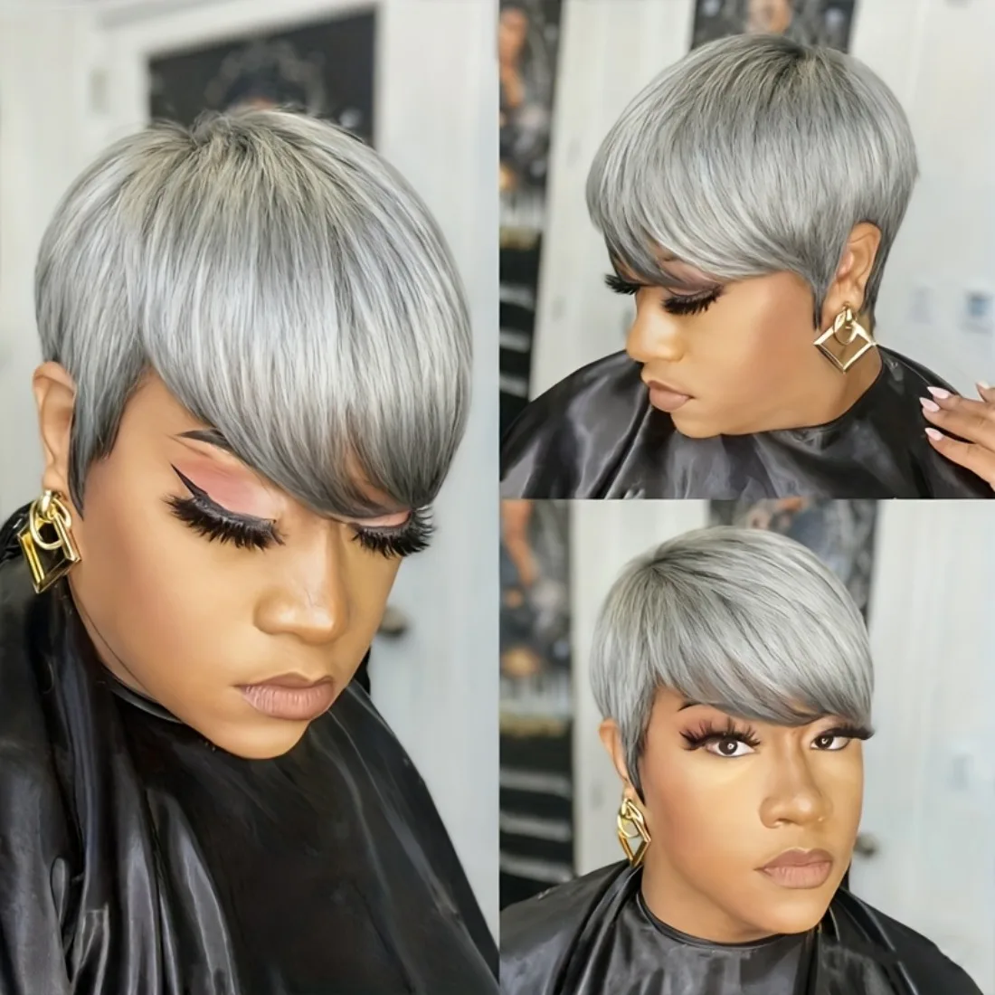

Парики с стрижкой пикси, человеческие волосы, полностью машинное производство, парик с челкой для женщин, серебристо-серый ретро