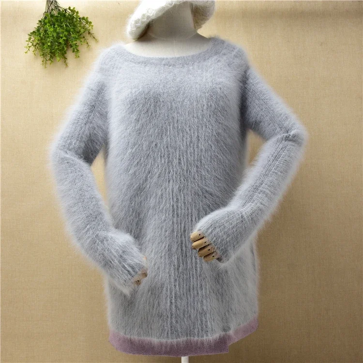 

pull female women Lace-up back sweater hairy angora rabbit fur knitted long sleeve slim blouses pullover mink fur jumper sweater