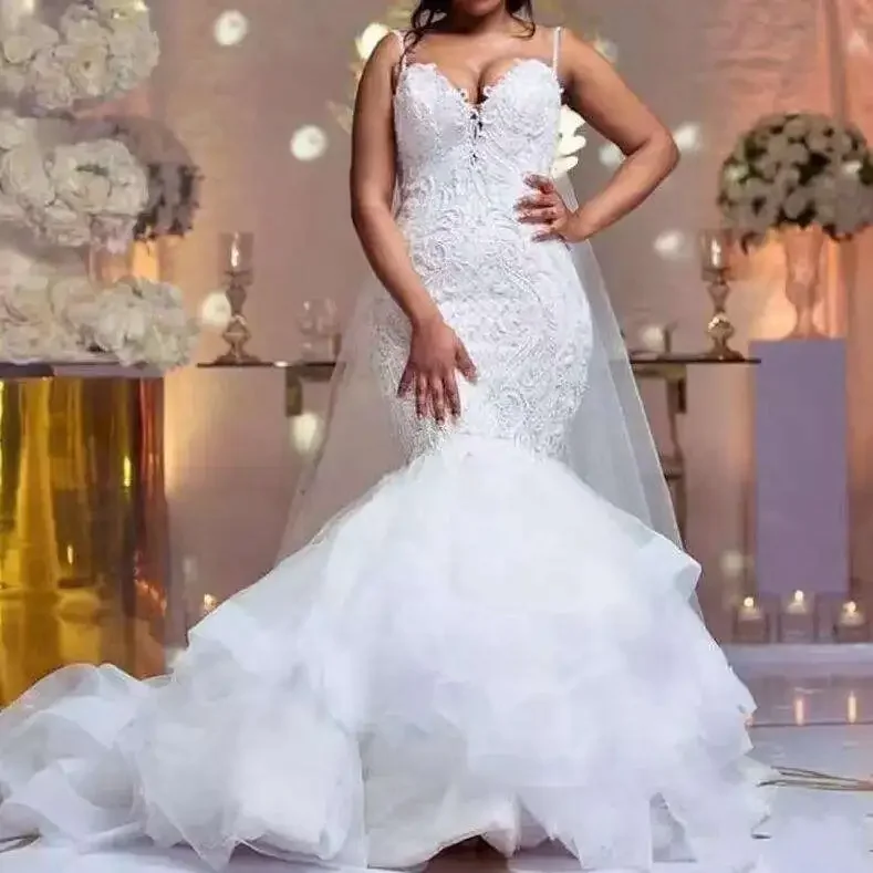 Personalizado novo branco querida cinta de espaguete sereia vestidos de casamento africano árabe contas apliques trem longo vestidos de noiva 2