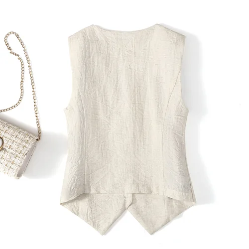 Imagen 2 del producto Chaleco de lino fino para mujer, novedad de verano, traje corto ajustado de gama alta sin mangas, chaleco con cuello en V y clip