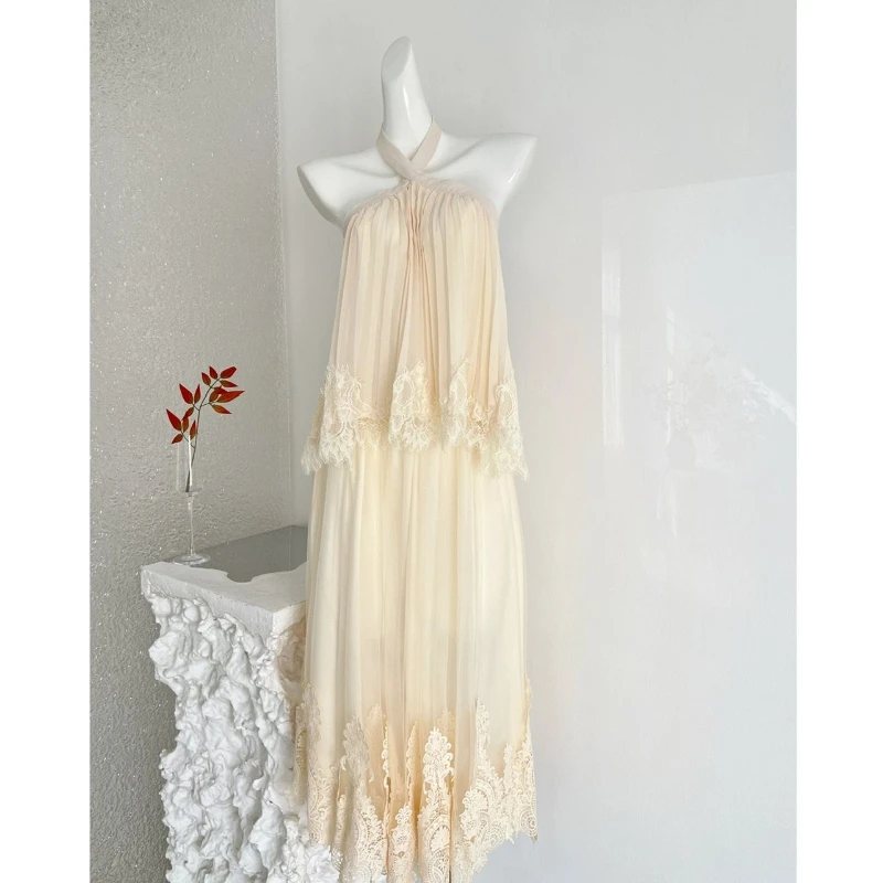 

Ретро-мода: новый летний комплект из двух предметов для женщин, сексуальный кружевной топ без рукавов с завязками на шее + элегантная длинная юбка из сетки.