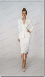 White Lace Women Skirt Suits Set 2 Pieces Blazer+Midi Prom Dress Wedding Tuxedo Custom Made V Neck Office Lady Jacket