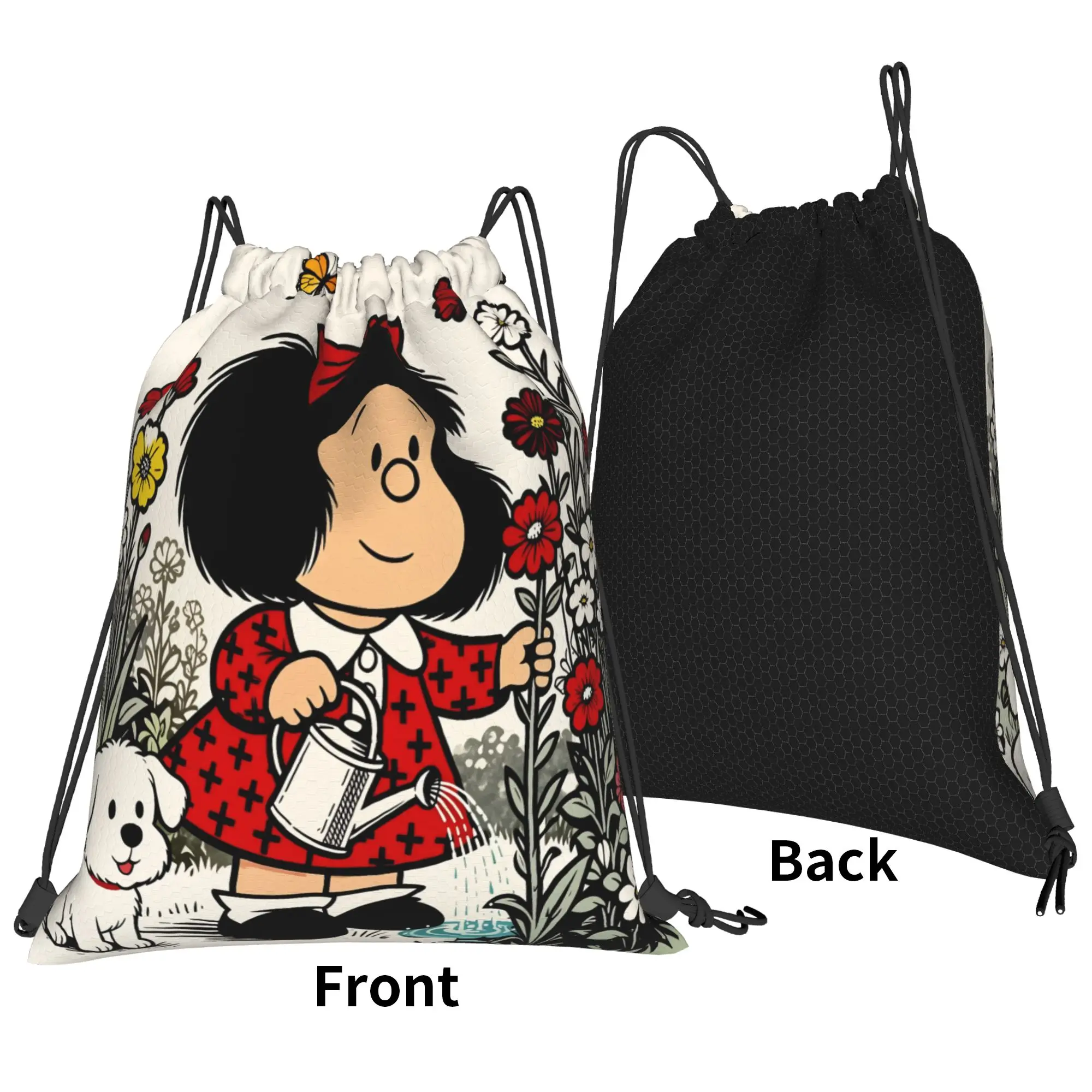 Cartoon Girl and Puppy Gardening Backpack Drawstring Football Bags Gym Bag Mafaldas String Sackpack Running 36cm (W) x 43cm (H)
