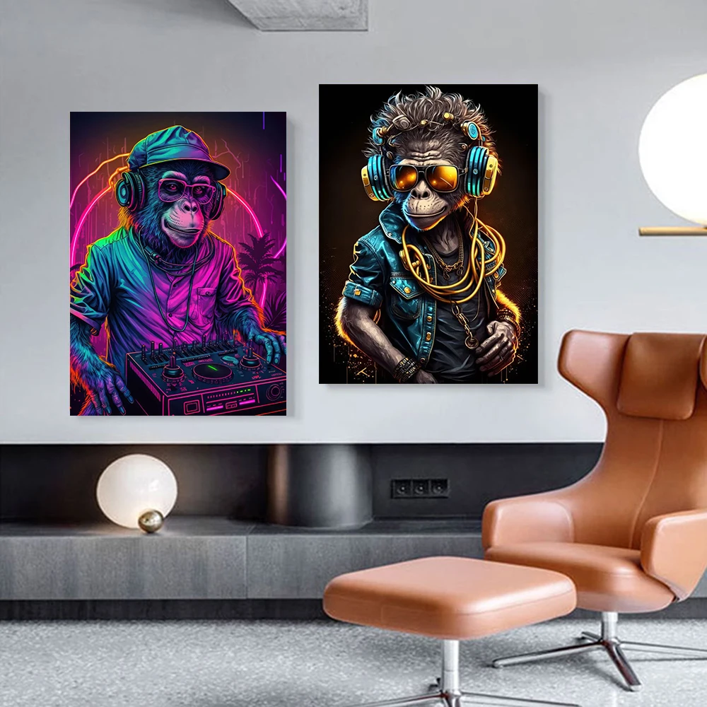 

Abstract DJ Monkey Poster Printing, Modern Animal Canvas Painting, Wall Art Pictures, Game Room Bedroom Home Decoration