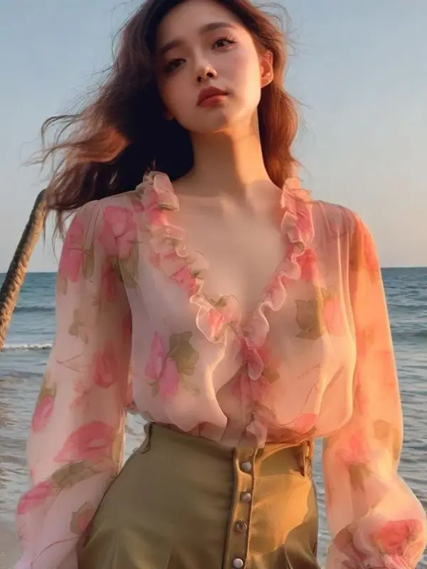 

French Floral Blouse Women Chic Ruffle V-Neck Fashion Pink Chiffon Top