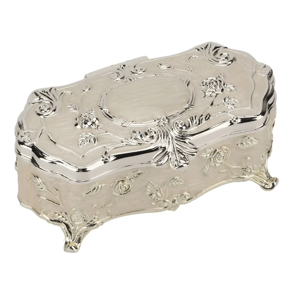 Silver-White Toothpick Holder Embossed Ornate Jewelry Box Rectangular Lidded Metal Storage Box