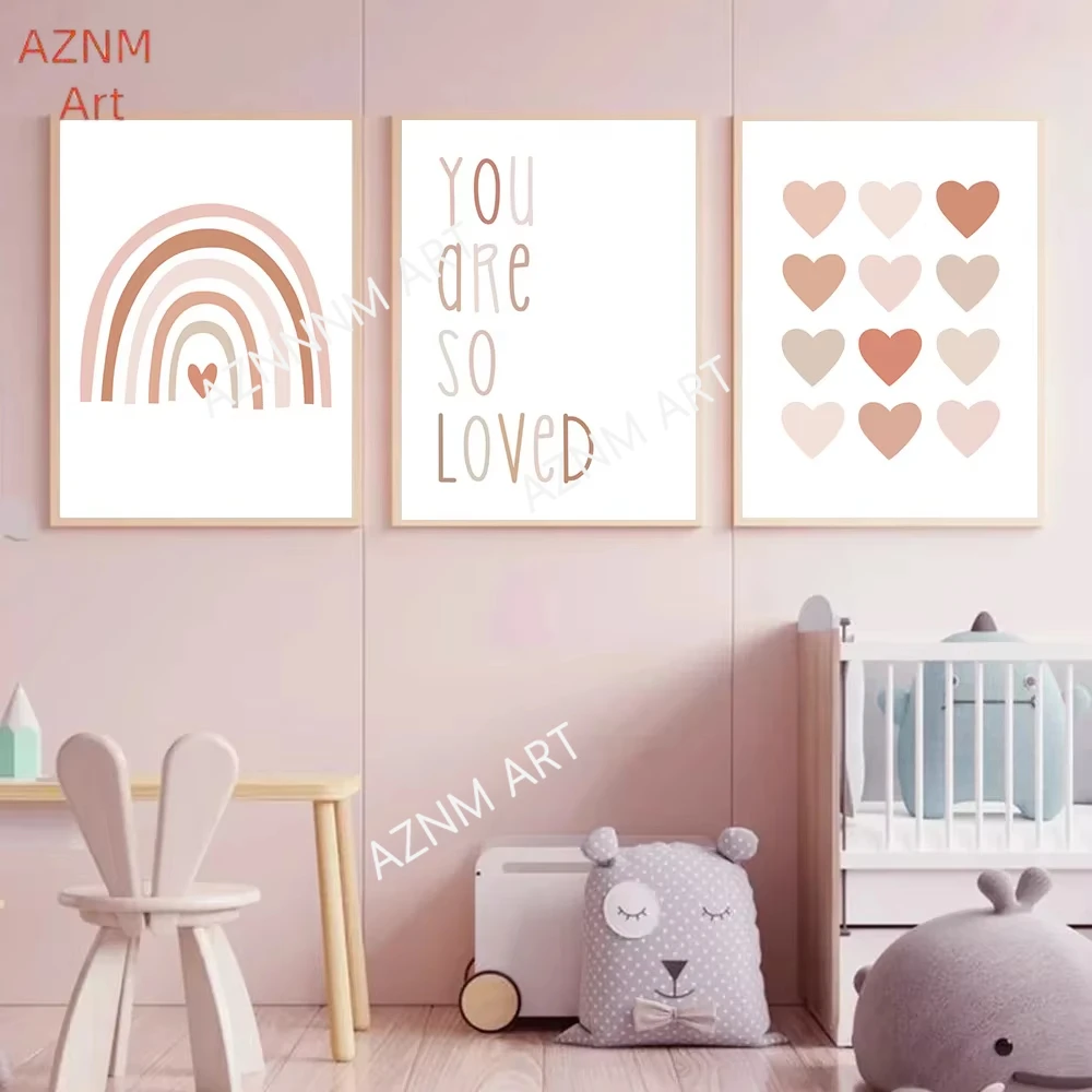 1/3PCS ，Cartoon Heart Rainbow Pink Wall Art Posters Canvas Painting Nursery Print Pictures Nordic Wall Paintings Baby Girls