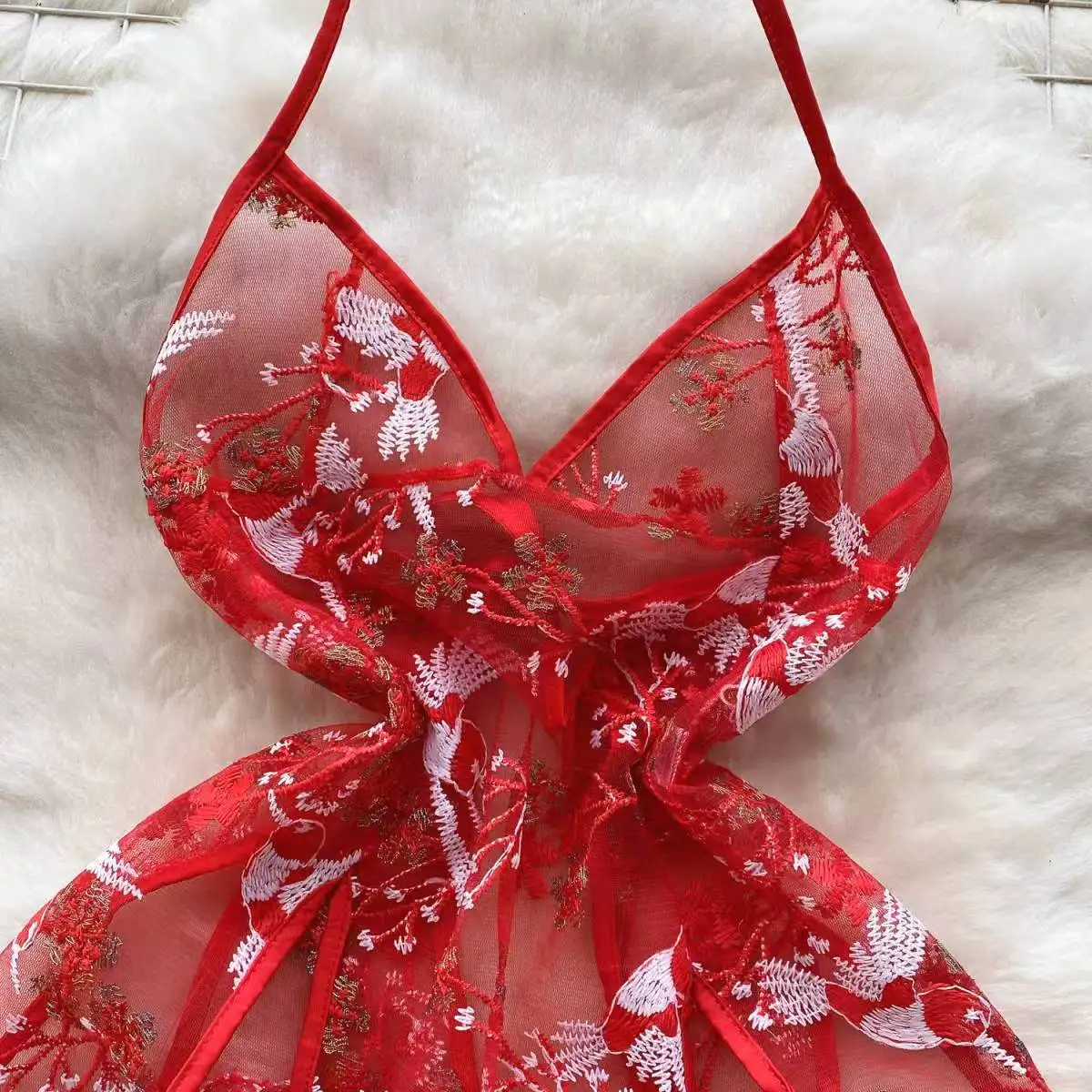 Halter-Kleid mit Kreuzriemen, Vogel-Stickerei, Mesh-Spitze, Patchwork, Schlitz, Unregelmäßig, Sexy, Ärmellos, Rückenfrei, Kurzes Kleid, Chic – Detail 5