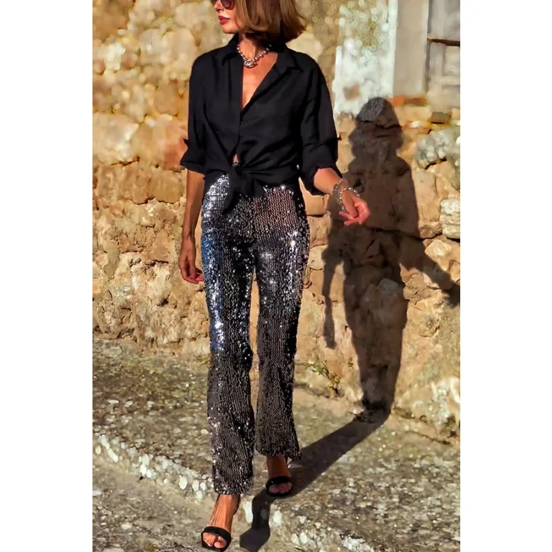 Women'S Casual High Street Korean Sequins Shiny Flare Long Pants Casual Fashion Beading Straight Wide Leg Pants Slim Fit New Y2K