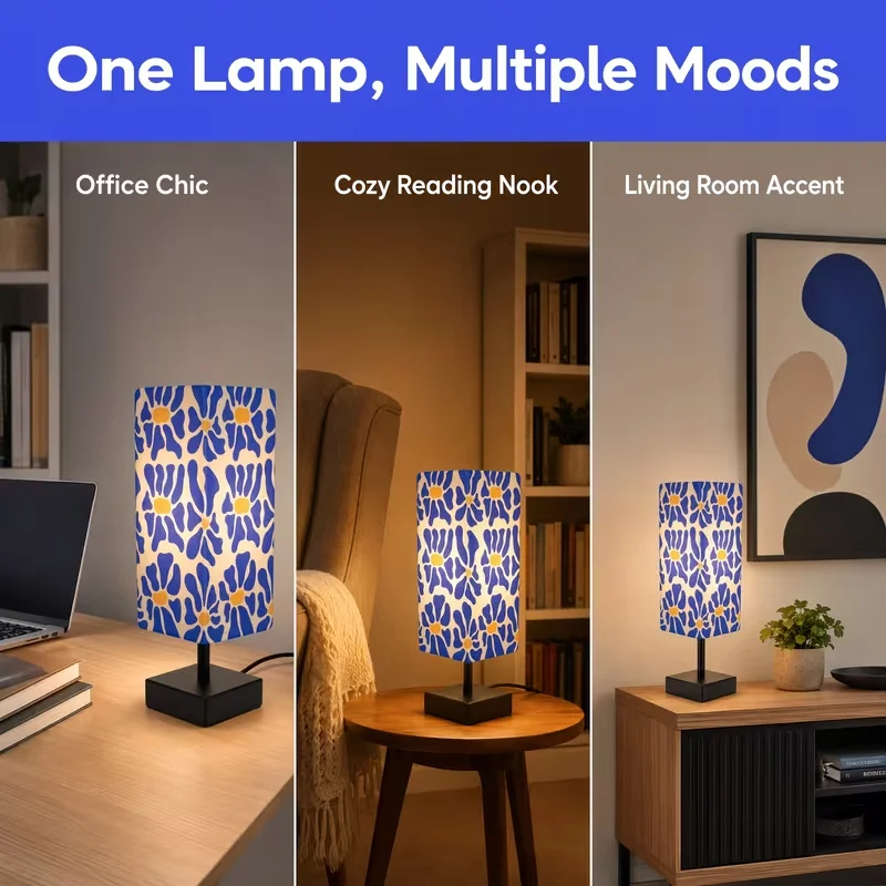 Modern Colorful Floral Table Lamp Pop Art Bedside Nightstand Lamp Warm Diffused Light Effortless Control Compact Stable Base With Blue Yellow Printed Fabric Shade Decorative Accent Desk Light For Bedroom Living Room Dorm Office & Home Decor view 5