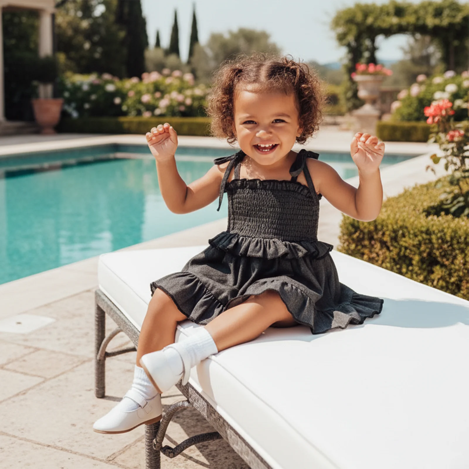 Baby Girls Denim Romper Dress Sleeveless Tie Shoulder Smocked Bust Jean Jumpsuit