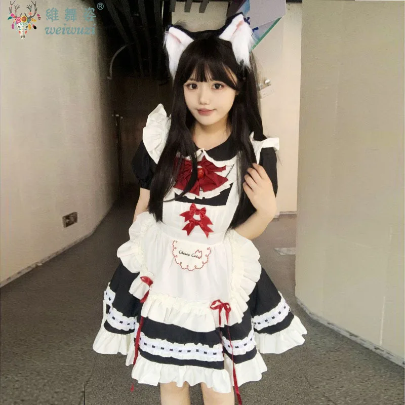 

Anime Cute Lolita Black White Maid Dress Sweet High Waist Slim Short Sleeve Bow Dresses Cafe Maid Party Costumes Fancy Clothes