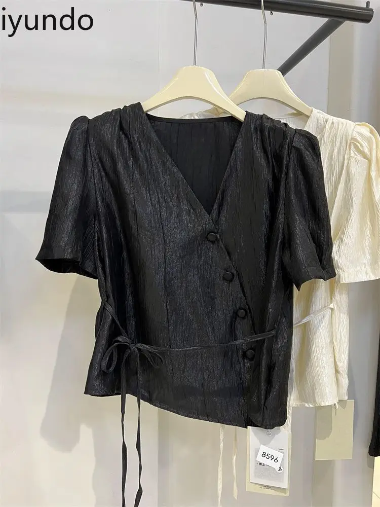 

French Style V-neck Blouse for Women Angled Buttons Asymmetrical Hem Summer Short Sleeve Top Trendy Chic Design