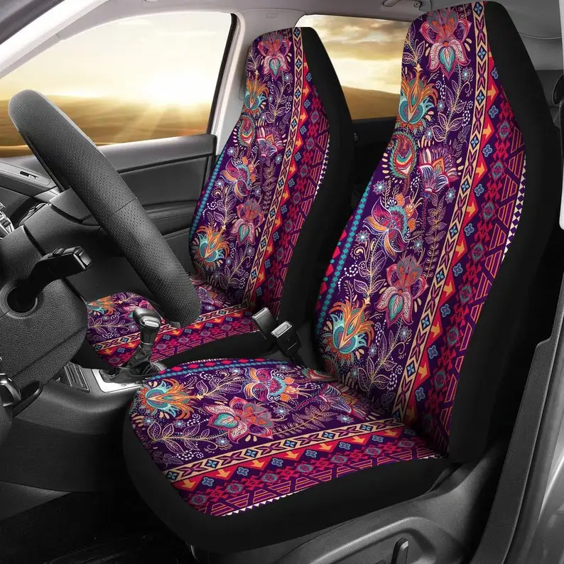 

Purple Orange Ethnic Boho Bohemian Abstract Art Car Seat Covers Pair, 2 Front Seat Covers, Car Seat Protector, Car Accessories