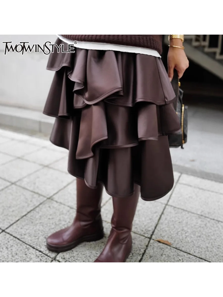 TWOTWINSTYLE Solid Spliced Ruffles Skirts for Women High Waist Temperament Casual Skirts Female Fashion Style New