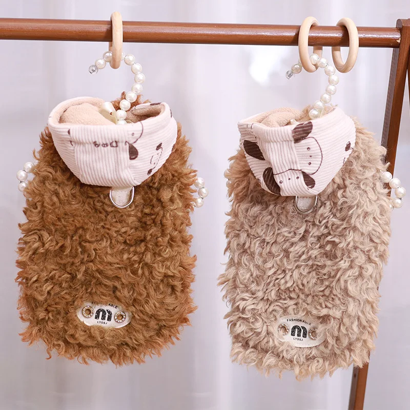 Abrigo para perros y gatos, chaleco de pelo largo con gorro, sudadera con capucha para cachorros, ropa cálida de invierno