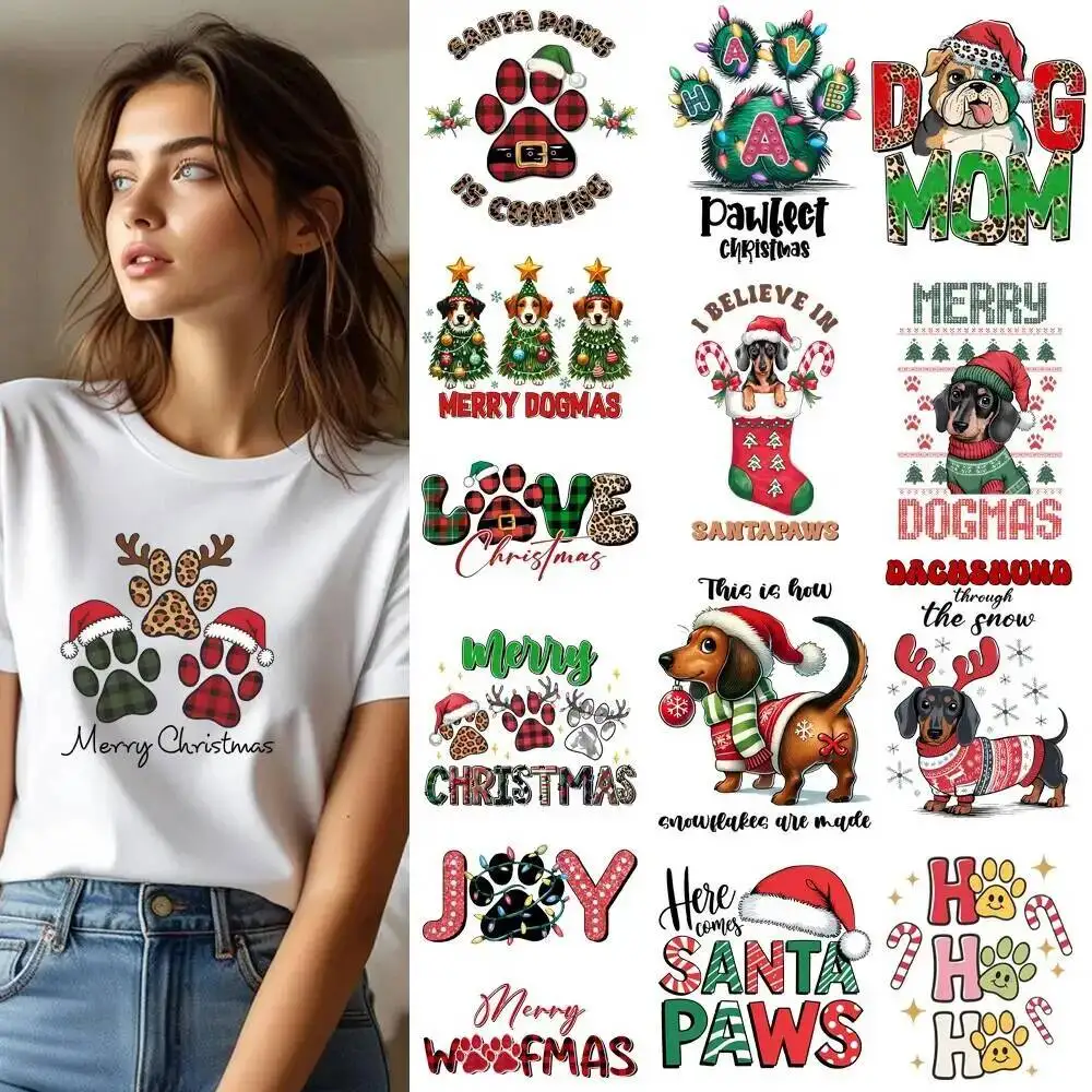 25CM Creative Christmas Tree Design Dog Transfer Patches For Clothes Stickers DIY A-Level Washable Shirt Iron-on Thermal Sticker