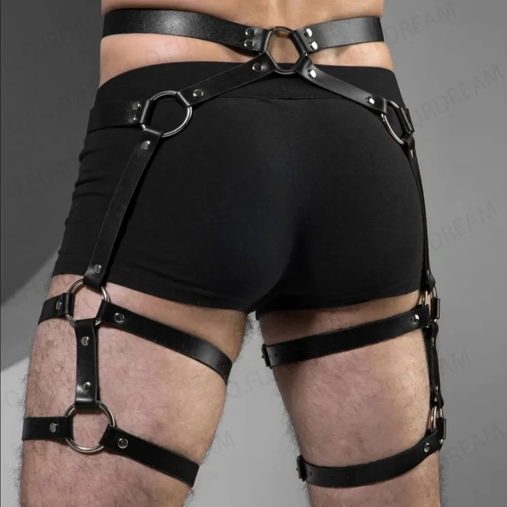 Sexy Men\'s Body Leg Harness Belts Pu Leather Adjustable Punk Style Belt for Cosplay Male Bondage Gay Party Fetish Costume