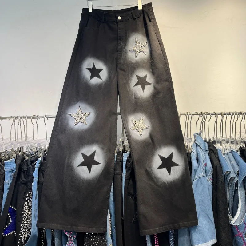 European Style Skinny Straight Heavy Industry Star Jeans Ladies 2025 Summer High Street Vintage Denim Trousers Streetwear Women