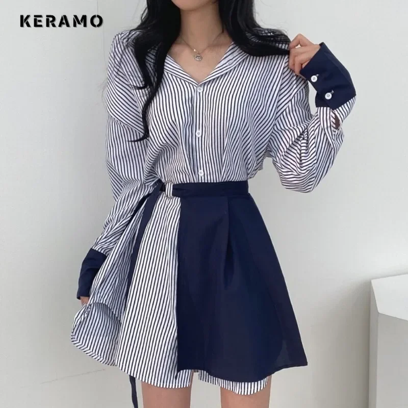 2025 Spring Lady Sexy Long Sleeve Turn-Down Collar Mini Shirt Dresses Women's Elegant Striped Patchwork Hotsweet Blouse Dress