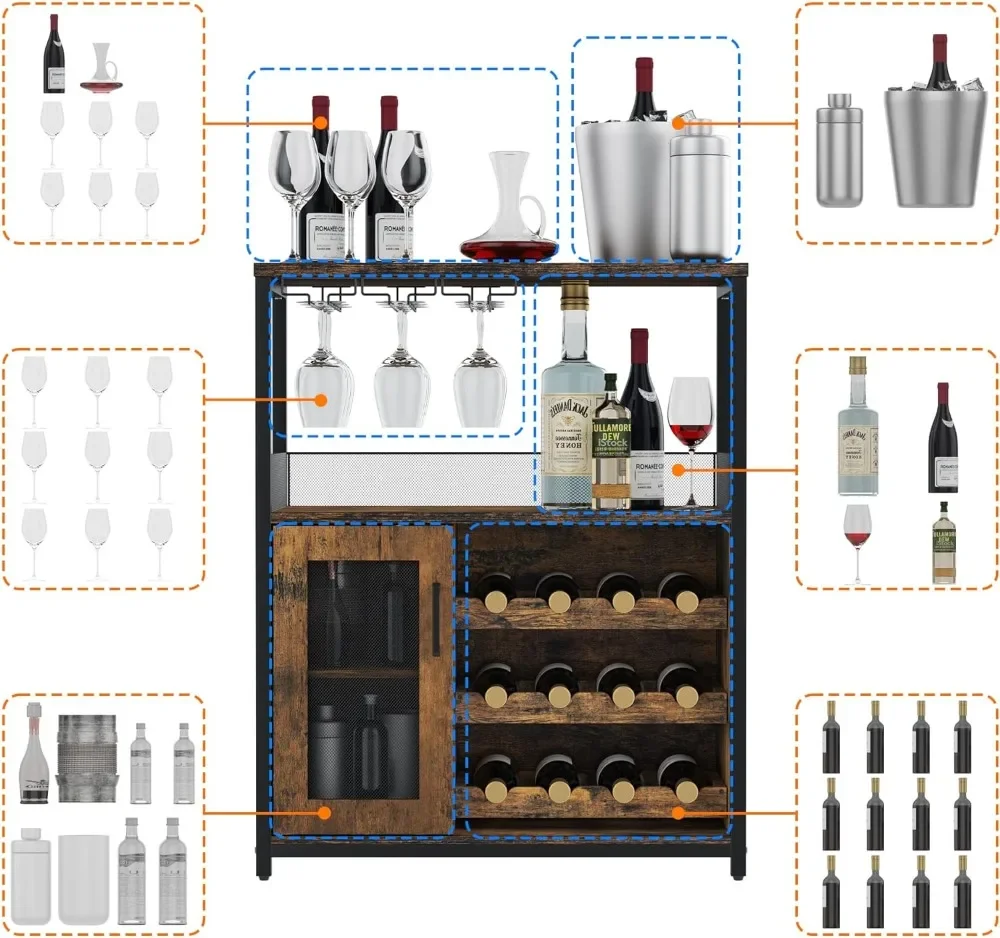 Wine Bar Rack Cabinet with Detachable Wine Rack, Bar Cabinet with Glass Holder, Small Sideboard and Buffet Cabinet with Mesh