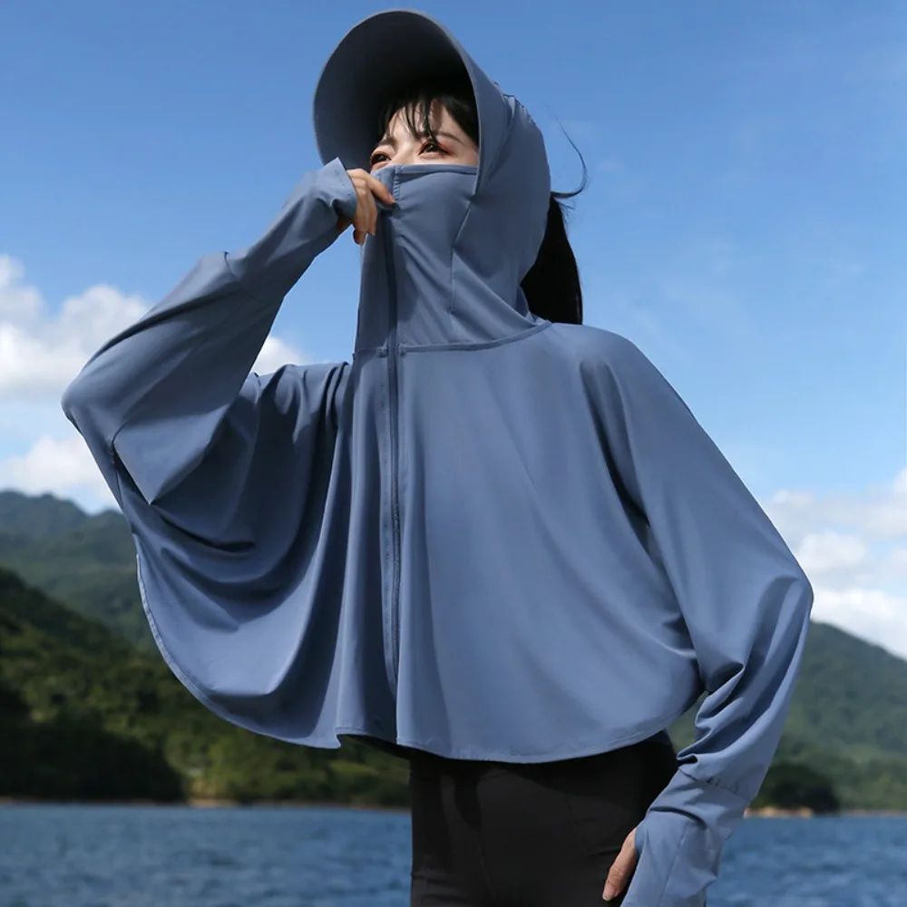 Solid Color Sunscreen Hoodie Long Sleeve Large Brim Hat Summer Sunscreen Shawl Thin Arm Sleeves Ice Silk Short Jacket Running