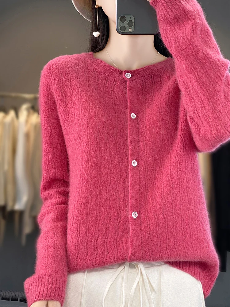 

Addonee Women O-neck Cable Knitting Wool Cardigan Autumn Winter Basic Soft Warm Cashmere Sweater 100% Merino Wool Knitwear Tops