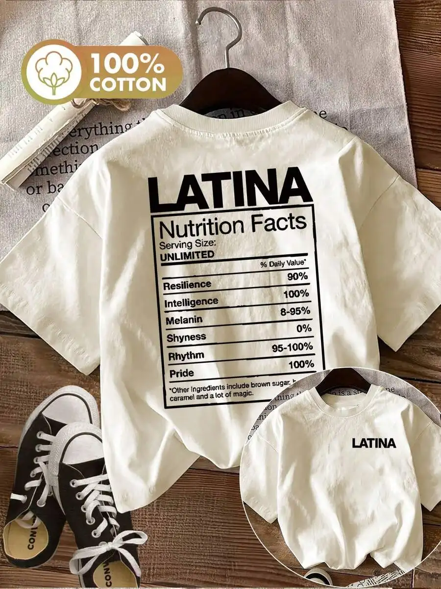 1pcs Women Double Sided Latina Nutrition Facts Graphic Tee Pure Cotton Crew Neck Short Sleeve Creative Spring Summer Casual Daily Tops