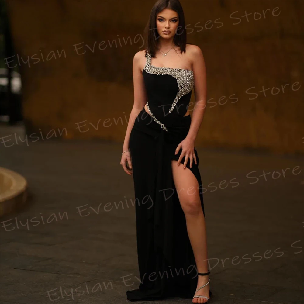 Classic Black Women's Mermaid Sexy Evening Dresses Side Split One Shoulder Prom Gowns Sleeveless Beaded فساتين سهره نسائيه فخمة