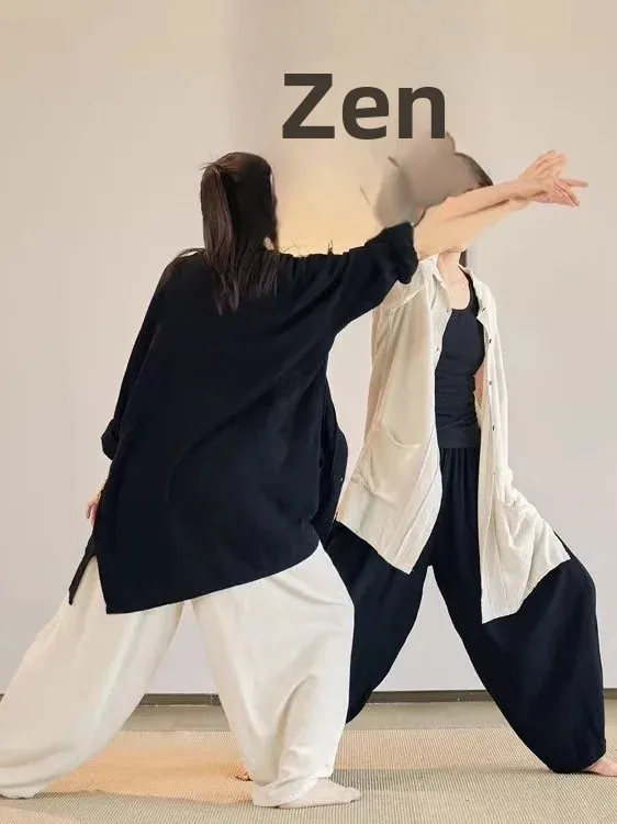 New Chinese Style Loose Cotton Linen Women's Tai Chi Yoga Clothes Set Simple Design Long Sleeve Mid-Length Single Button