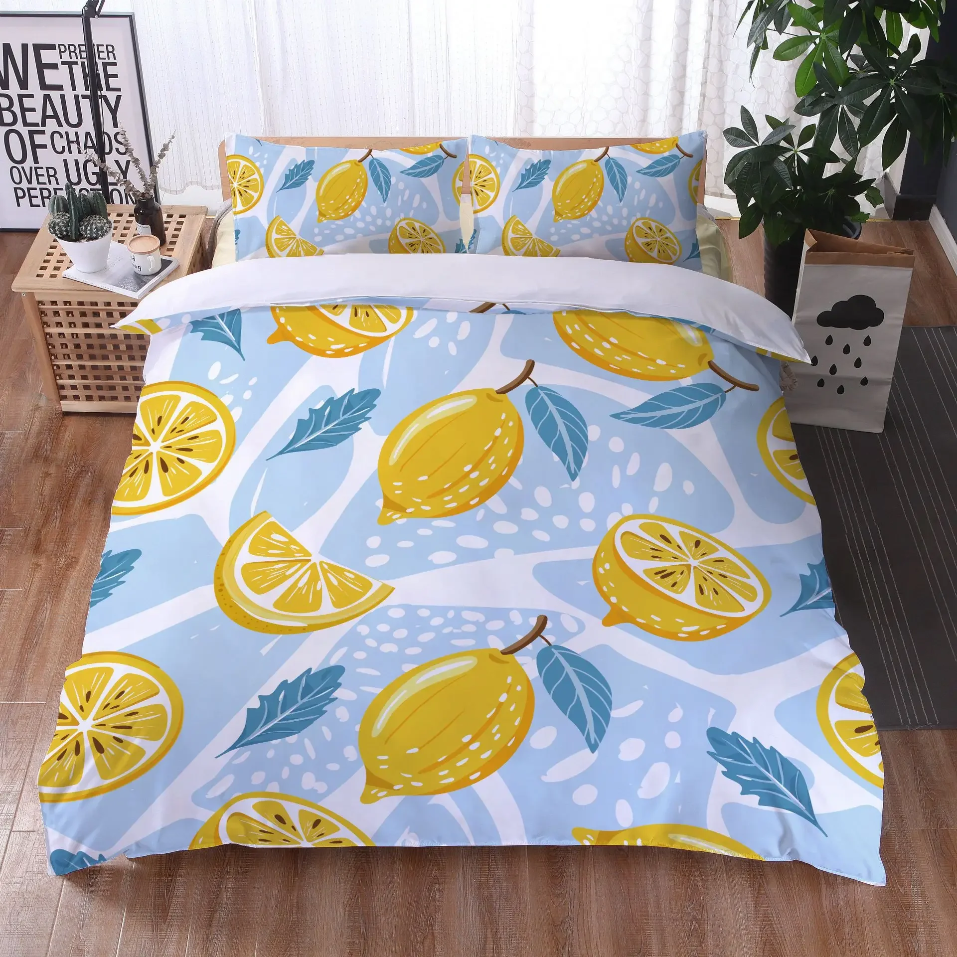 Lemon Duvet Cover Set King/Queen Size,Exotic Tropical Fruit and Leaf,Decorative 3 Piece Bedding Set with 2 Pillow Shams,yellow