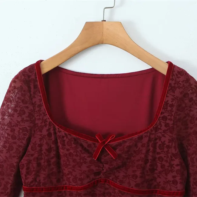 فستان جديد بأكمام طويلة ورقبة مربعة وزهرة متدفقة من الدانتيل #3