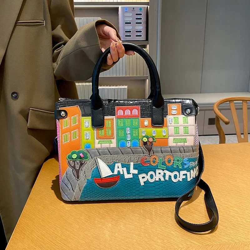 

2025 Vintage Handmade Shoulder Bag - Artistic Doodle Crossbody Purse for Women, Retro Textured Handbag with Creative Embroidery